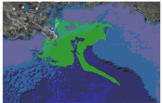 Область распространения нефтяного загрязнения на 24.05.2010 по данным NOAA (картографическая подложка Google) http://www.google.com/crisisresponse/oilspill/