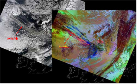 Космическое изображение, полученное 15 апреля 2010 г. аппаратурой MODIS спутника TERRA  в видимом диапазоне (слева) и инфракрасном диапазоне (справа) спектра. [http://www.nasa.gov]
