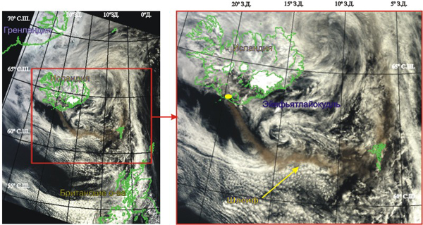 Космическое  изображение извержения вулкана Эйяфьятлайокудль, полученное 13 мая 2010 года (12:00 LT) со спутника TERRA (аппаратура MODIS)