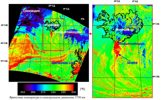 Космическое инфракрасное изображение извержения вулкана Эйяфьятлайокудль, полученное 19 апреля 2010 года (12:50 LT) со спутника TERRA (аппаратура MODIS)