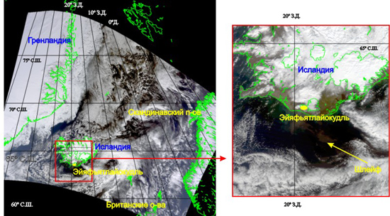 Космическое изображение извержения вулкана Эйяфьятлайокудль, полученное 21 апреля 2010 года (12:35 LT) со спутника TERRA (аппаратура MODIS). 