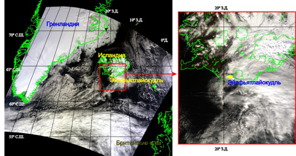 Космическое  изображение извержения вулкана Эйяфьятлайокудль, полученное 22 апреля 2010 года (13:20 LT) со спутника TERRA (аппаратура MODIS). 