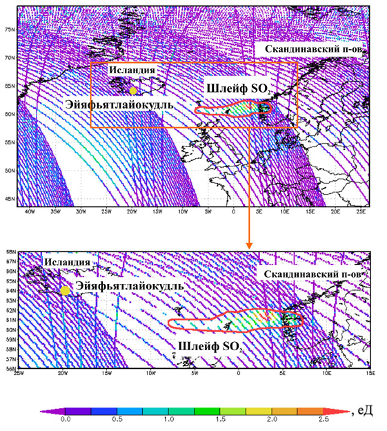 Общее содержание диоксида серы SO2 в шлейфе вулкана Эйяфьятлайокудль (в единицах Добсона, eД), выявленное по данным прибора OMI (спутник AURA) 15 апреля 2010 года (13:10 UTC). 