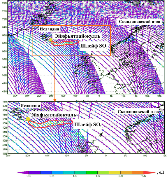 Общее содержание диоксида серы SO2 в шлейфе вулкана Эйяфьятлайокудль (в единицах Добсона, eД), выявленное по данным прибора OMI (спутник AURA) 21 апреля 2010 года (13:10 UTC).