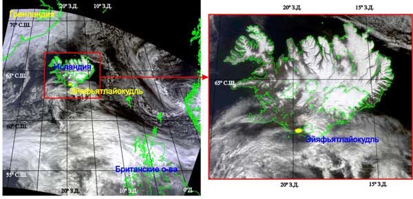 Космическое изображение вулкана Эйяфьятлайокудль, полученное 23 апреля 2010 года (12:25 LT) со спутника TERRA (аппаратура MODIS) 