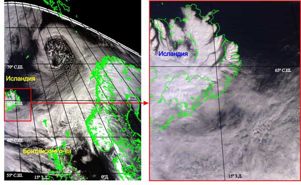Космическое  изображение вулкана Эйяфьятлайокудль, полученное 26 апреля 2010 года (11:11 LT) со спутника TERRA (аппаратура MODIS) на станцию приёма &ldquo;АЭРОКОСМОС&rdquo; 