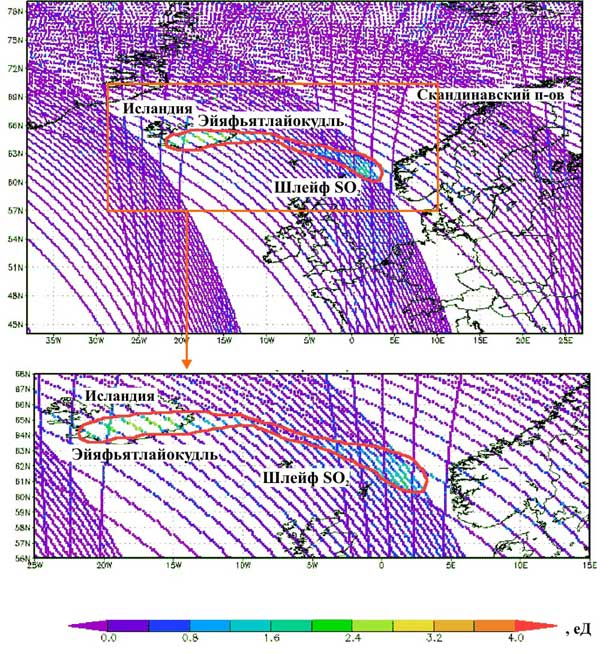 Общее содержание диоксида серы So2 для высот H>5 км в шлейфе вулкана Эйяфьятлайокудль (в единицах Добсона, eД), выявленное по данным прибора OMI (спутник AURA) 27 апреля 2010 г. 