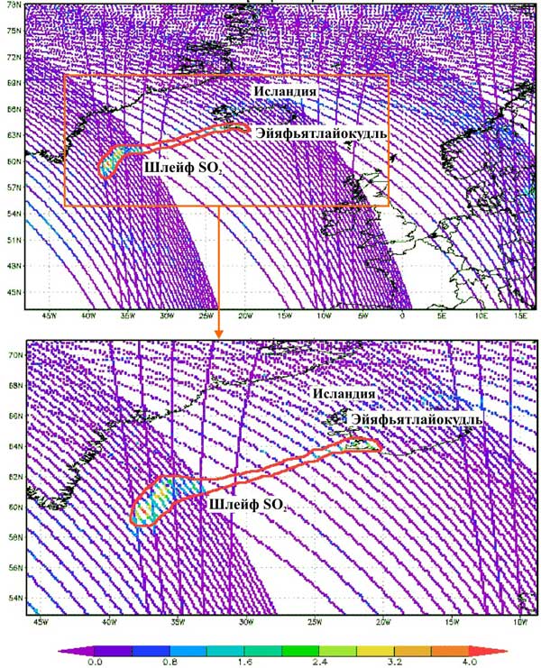 Общее содержание диоксида серы So2 для высот H>5 км в шлейфе вулкана Эйяфьятлайокудль (в единицах Добсона, eД), выявленное по данным прибора OMI (спутник AURA) 28 апреля 2010 г 