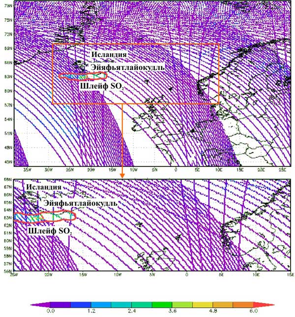 Общее содержание диоксида серы SO2 для высот H>5 км в шлейфе вулкана Эйяфьятлайокудль (в единицах Добсона, eД), выявленное по данным прибора OMI (спутник AURA) 29 апреля 2010 г. 