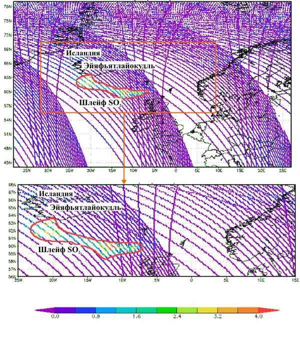 Общее содержание диоксида серы SO2 для высот H>5 км в шлейфе вулкана Эйяфьятлайокудль (в единицах Добсона, eД), выявленное по данным прибора OMI (спутник AURA) 30 апреля 2010 г 