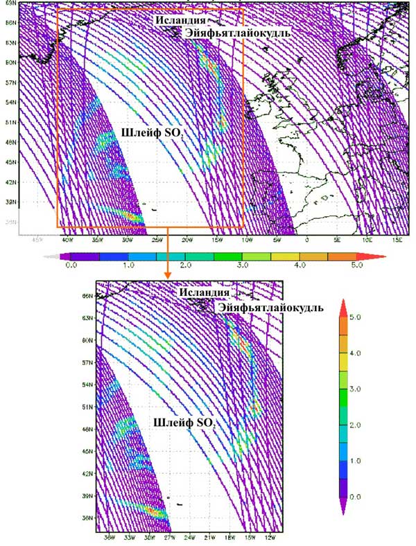 Общее содержание диоксида серы SO2 для высот H>5 км в шлейфе вулкана Эйяфьятлайокудль (в единицах Добсона, eД), выявленное по данным прибора OMI (спутник AURA) 10 мая 2010 г 