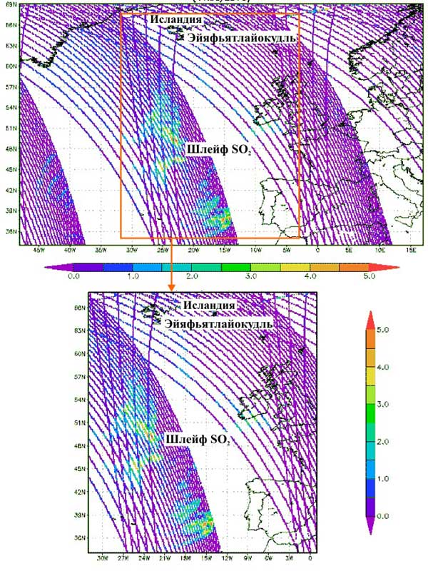 Общее содержание диоксида серы SO2 для высот H>5 км в шлейфе вулкана Эйяфьятлайокудль (в единицах Добсона, eД), выявленное по данным прибора OMI (спутник AURA) 11 мая 2010 г